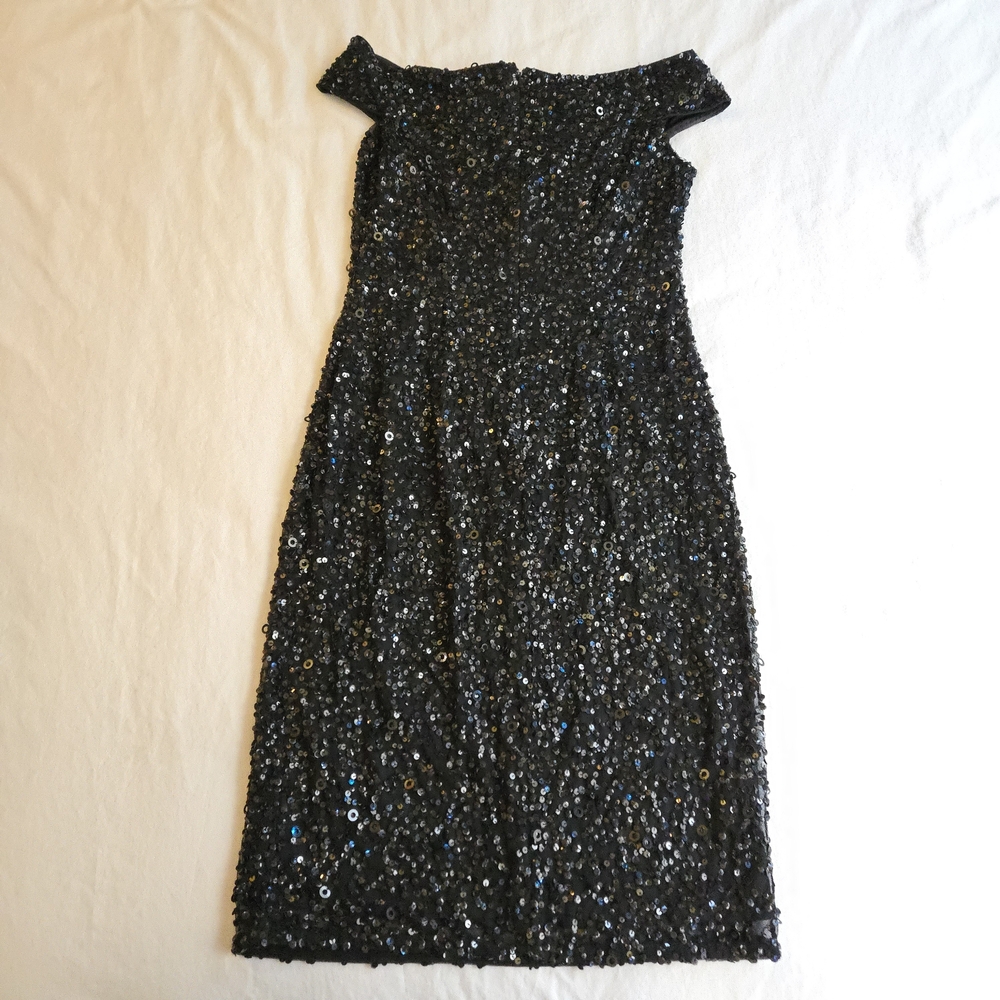 Adrianna Papell Black Sequin Off-Shoulder Midi Evening Party Dress MI3 - Picture 13 of 16